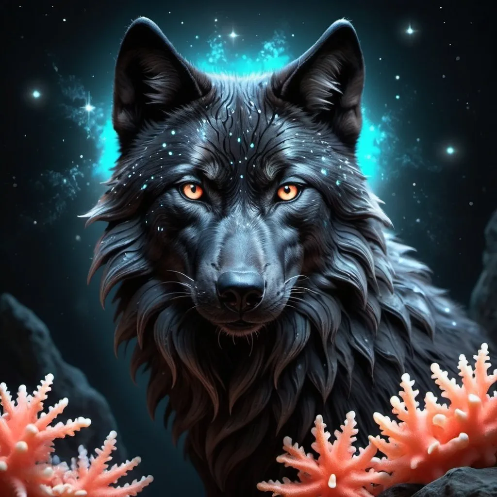 Prompt: Black wolf with glowing coral stars, mystical fantasy theme, highres, detailed fur, atmospheric lighting, fantasy, mystical, detailed eyes, sleek design, professional, glowing coral stars, cool tones, detailed fur, atmospheric lighting