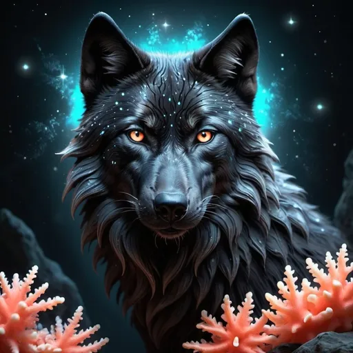 Prompt: Black wolf with glowing coral stars, mystical fantasy theme, highres, detailed fur, atmospheric lighting, fantasy, mystical, detailed eyes, sleek design, professional, glowing coral stars, cool tones, detailed fur, atmospheric lighting
