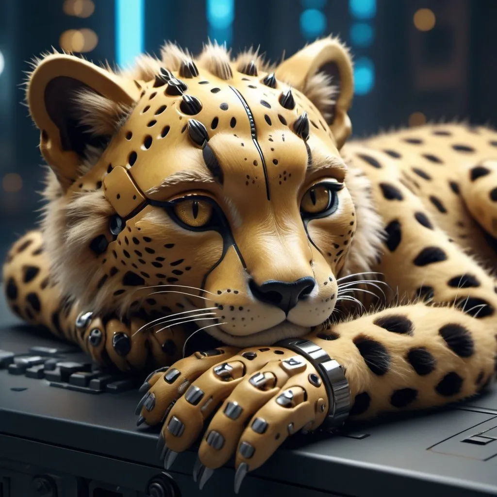 Prompt: Highly detailed cheetahpunk scene cub sleeping, hyper-realistic 4K rendering, volumetric lighting, HD quality, futuristic cityscape backdrop, mechanical feline with intricate joints and circuit patterns, cool-toned futuristic atmosphere, detailed fur with lifelike textures, cyberpunk aesthetic, ultra-detailed, volumetric lighting, professional rendering, HD, 4K gold eyes sleeping fluffy (cheetahpunk)