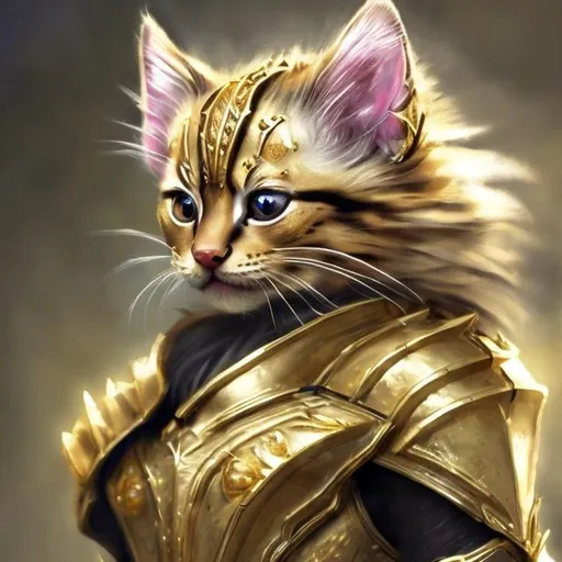 Prompt: Gold warrior kitten in diamond armor, detailed fur with golden reflections, fierce and confident expression, high-res, detailed, realistic, fantasy, warm tones, regal lighting, diamond-encrusted armor, majestic, shimmering, luxurious, fantasy art, feline, warrior, opulent, ornate, confident stance, royal, professional rendering