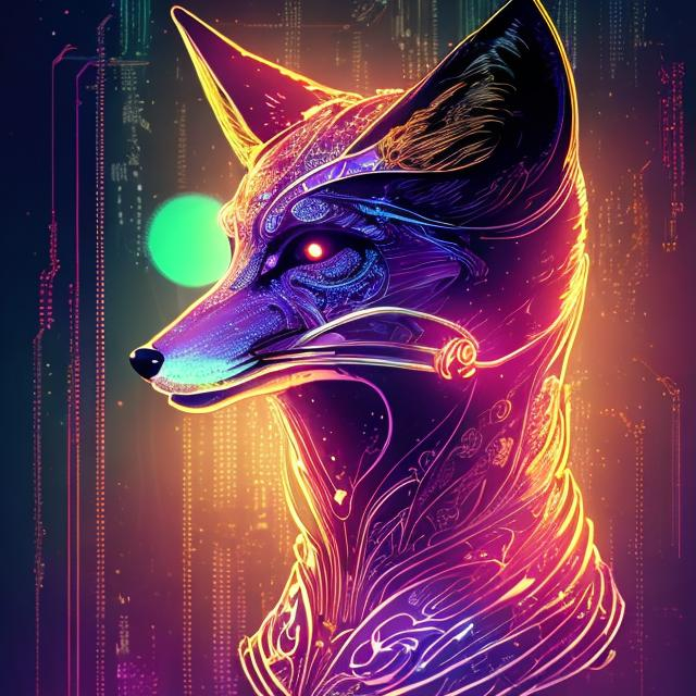 Prompt: Bright gold sci-fi fox, with accents of light purple metallic sheen, futuristic neon glow, intricate mechanical details, high quality, ultra-detailed, sci-fi, cyberpunk, gold tones, futuristic, neon lighting