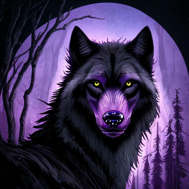 Prompt: Detailed highres illustration of a majestic black wolf, cool purple accents, realistic fur details, intense and piercing gaze, mystical forest setting, moonlight casting a purple glow, best quality, detailed fur, cool tones, atmospheric lighting