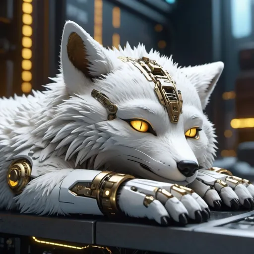 Prompt: Highly detailed white foxpunk scene cub sleeping, hyper-realistic 4K rendering, volumetric lighting, HD quality, futuristic cityscape backdrop, mechanical feline with intricate joints and circuit patterns, cool-toned futuristic atmosphere, detailed fur with lifelike textures, cyberpunk aesthetic, ultra-detailed, volumetric lighting, professional rendering, HD, 4K with glowing gold eyes fox(punk)