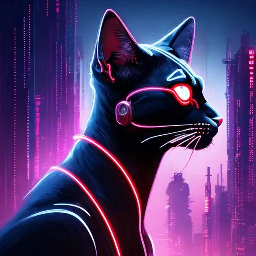 Prompt: Sci-fi digital illustration of a sleek black cat, detailed red accents, futuristic cyberpunk setting, vibrant neon lights, high-tech collar, detailed fur with glowing reflections, intense and mysterious gaze, best quality, highres, ultra-detailed, cyberpunk, detailed eyes, sleek design, professional, vibrant neon lighting