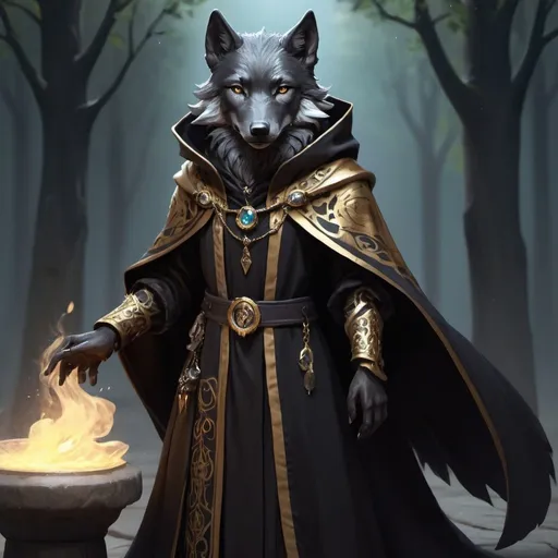 Prompt: high resolution, high fantasy, tiny anthropomorphic wolf, Spellcaster, fine clothing, a black gold cloak,

