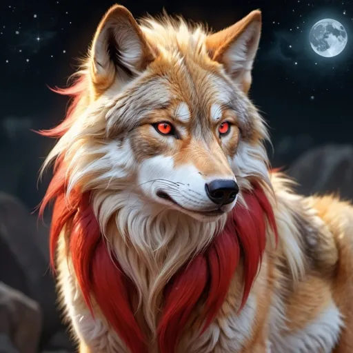 Prompt: warrior (wolf) with {bright scarlet fur} and {ruby red eyes}, feral wolf, kitsune, nine-tailed wolf, gorgeous anime portrait, beautiful cartoon, beautiful 8k eyes, elegant {red fur}, four-legged, quadruped, pronounced scar on chest, oil painting, modest, gazing at viewer, fiery red eyes, glistening golden hair, furry golden paws, low angle view, 64k, hyper detailed, expressive, graceful, beautiful, small lithe cat, expansive silky golden mane, shining fur, deep starry sky, UHD background, golden ratio, precise, perfect proportions, vibrant colors, standing majestically on a tall crystal stone, hyper detailed, complementary colors, UHD, HDR, top quality art, beautiful detailed background, unreal 5, artstaion, deviantart, instagram, professional, masterpiece
(wolf)