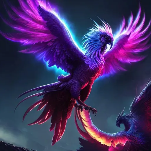 Prompt: High-res sci-fi digital art of a majestic purple phoenix, lime accents, futuristic setting, detailed feathers with vibrant highlights, intense gaze, otherworldly atmosphere, best quality, sci-fi, futuristic, detailed feathers, intense gaze, vibrant colors, majestic, atmospheric lighting