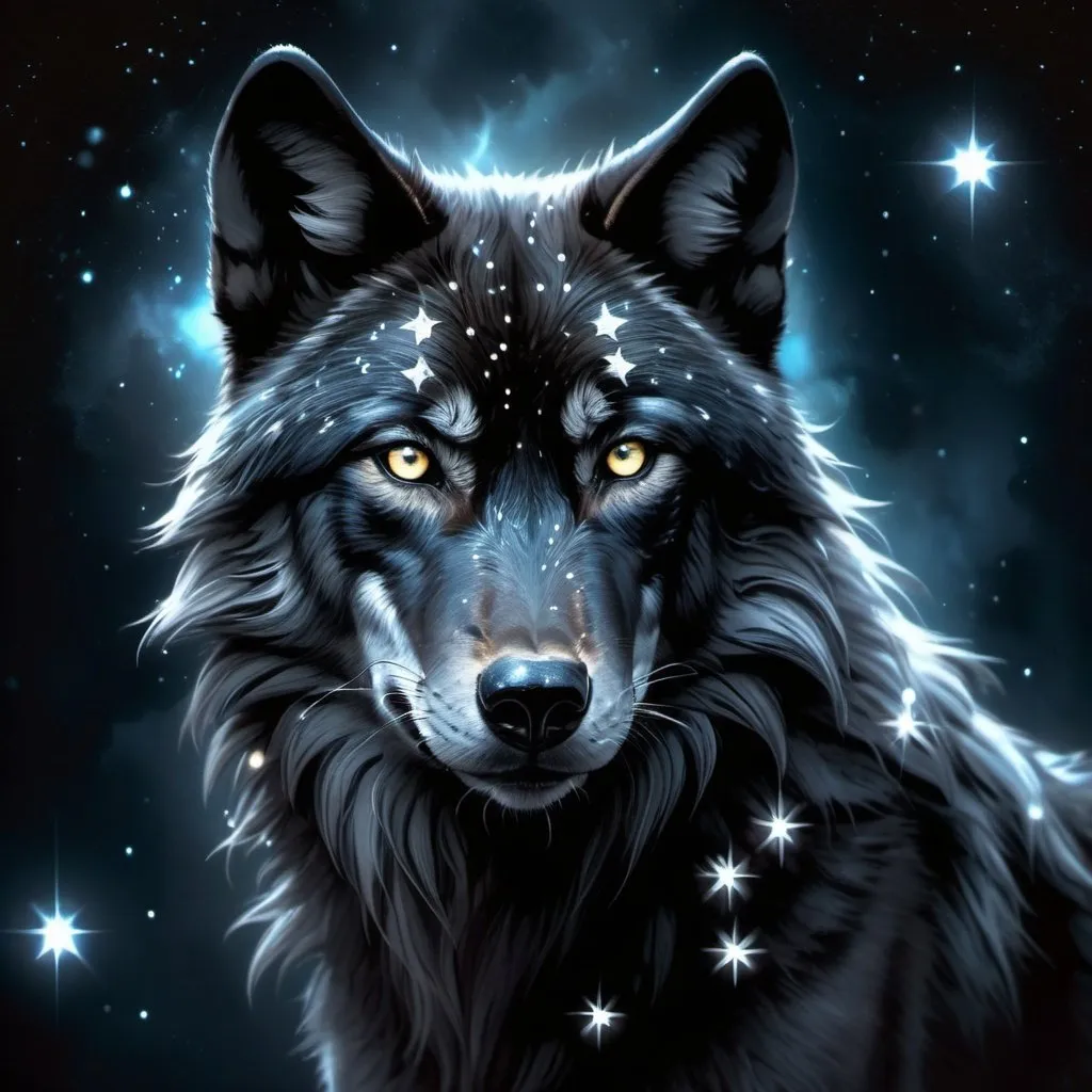 Prompt: Black wolf with glowing white stars, mystical fantasy theme, highres, detailed fur, atmospheric lighting, fantasy, mystical, detailed eyes, sleek design, professional, glowing stars, cool tones, detailed fur, atmospheric lighting