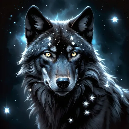 Prompt: Black wolf with glowing white stars, mystical fantasy theme, highres, detailed fur, atmospheric lighting, fantasy, mystical, detailed eyes, sleek design, professional, glowing stars, cool tones, detailed fur, atmospheric lighting