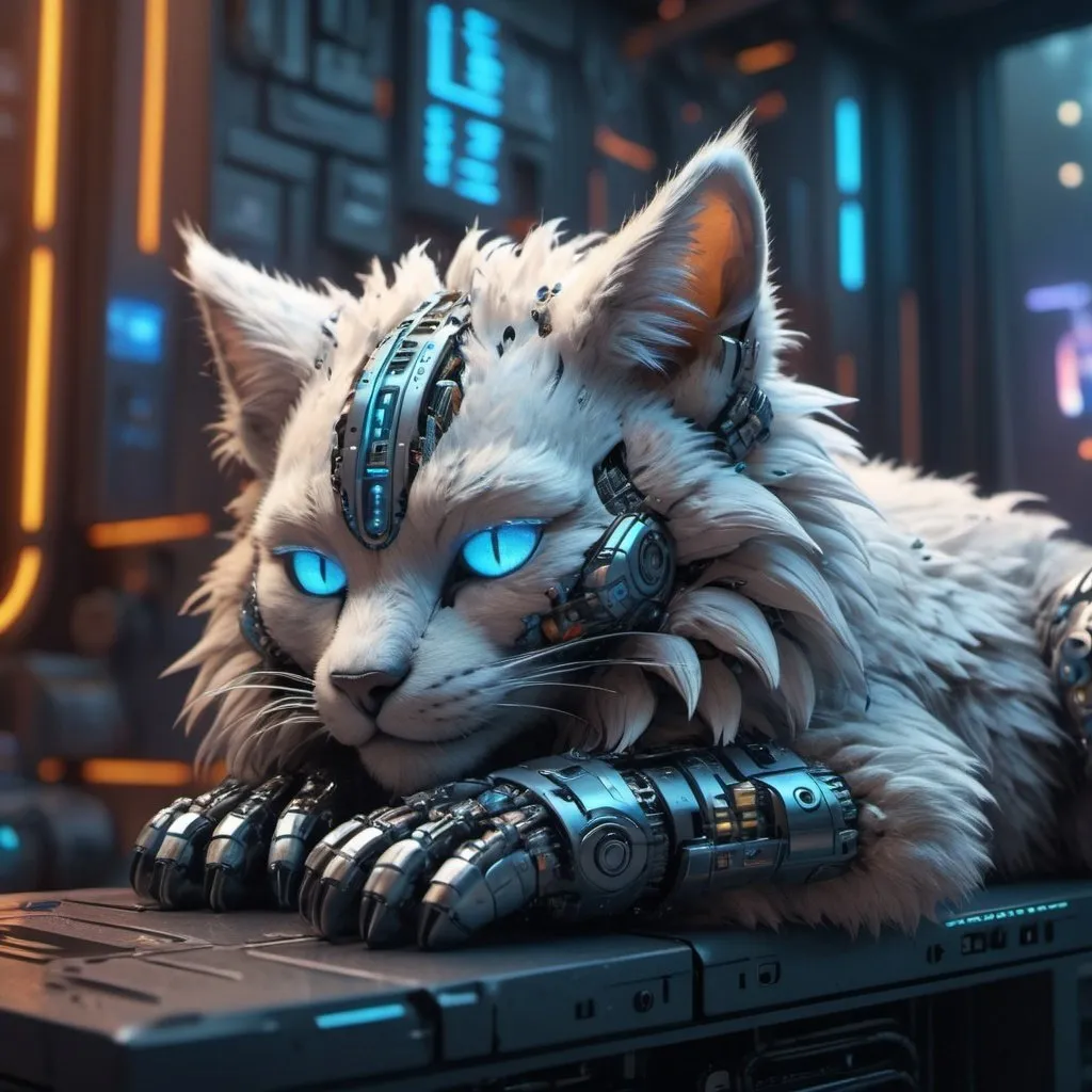 Prompt: Highly detailed phoenixpunk scene cub sleeping, hyper-realistic 4K rendering, volumetric lighting, HD quality, futuristic cityscape backdrop, mechanical feline with intricate joints and circuit patterns, cool-toned futuristic atmosphere, detailed fur with lifelike textures, cyberpunk aesthetic, ultra-detailed, volumetric lighting, professional rendering, HD, 4K blue eyes sleeping fluffy still colorful