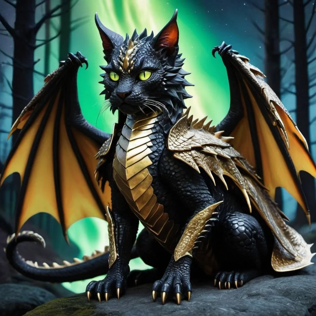 Prompt: wild cat dragon waring black armor and has scales warrior siting in hyper realistic fantasy forest future seen with northern lights above the wild cat waring a cloak warrior the wild cat dragon has two dragon wings cute detailed glowing gold eyes no wings  no dragon tail if you do add dragon wings add two if you add a tail make it one
