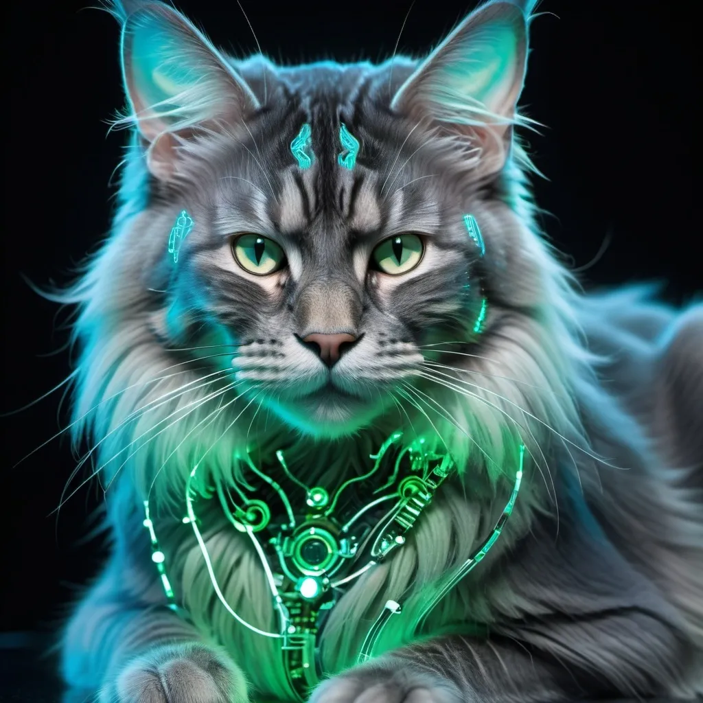 Prompt: **Bioluminescent transparent mechanical maine coon cat made from hylozoic techno-construction lace circuitry,