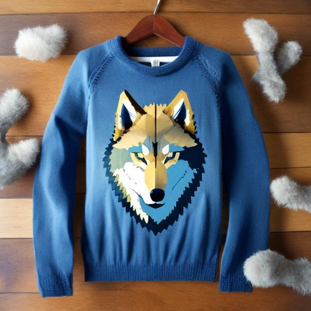 Prompt: blue sweater with a sci fi gold wolf cub sleeping on it detailed with it mom wolf