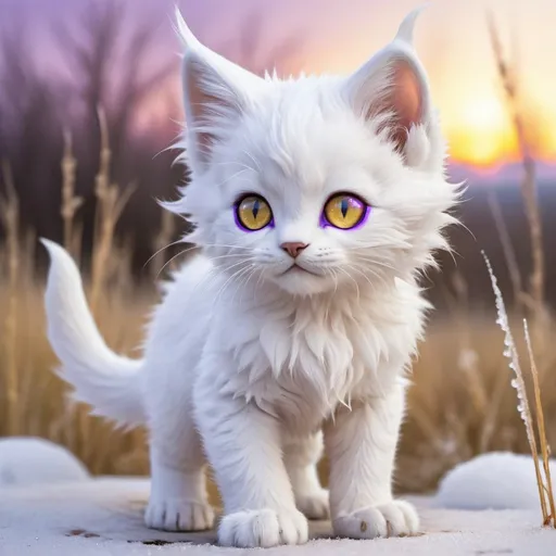 Prompt: golden ice elemental kitten, feral, kitsune, sparkling purple eyes, frost, soft paws, brilliant golden prairie sunrise, bushy fur, speckled gold and white fur, youthful, playful, timid, cute, vibrant