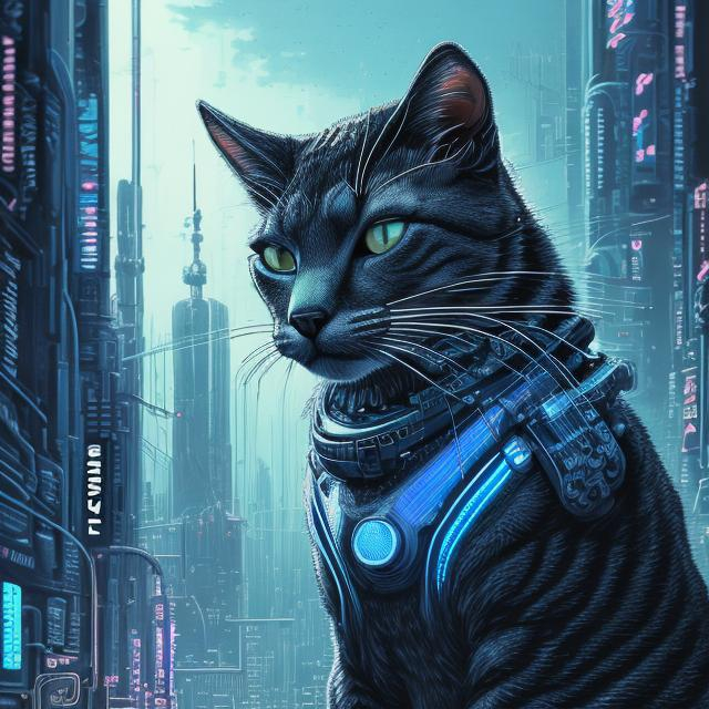 Prompt: Ultra-detailed, highres, cool-toned sci-fi illustration of a sleek cat, shades of blue and black, futuristic cyberpunk setting, detailed fur with cool reflections, intense and focused gaze, high-tech collar, city lights casting a cool glow, cybernetic enhancements, glowing futuristic cityscape, futuristic technology, detailed eyes, sleek design, professional, atmospheric lighting