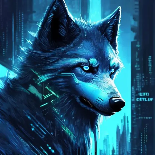 Prompt: High-quality digital artwork of a futuristic dark blue wolf with blue highlights, detailed fur with metallic reflections, intense and focused gaze, sci-fi, cyberpunk, cool tones, futuristic, detailed eyes, sleek design, professional, atmospheric lighting