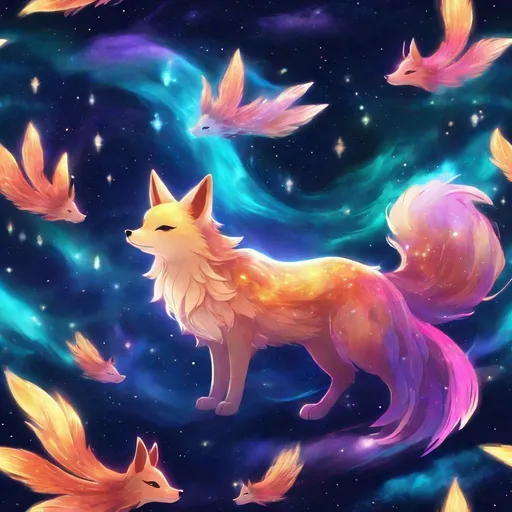 Prompt: Colorful translucent kyūbi no kitsune, glowing, nebula, glitter, den beneath the stars, bioluminescent, best quality, highres, concept art, colorful, translucent, glowing, nebula, glitter, den, stars, bioluminescent, vibrant colors, fantasy, ethereal lighting