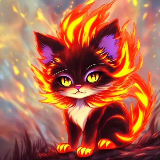 Prompt: a glowing fire kitten anime