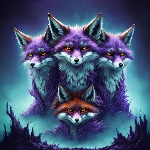 Prompt: 3-headed purple man-fox with light blue accents, detailed fur with reflections, surreal fantasy style, intense and eerie gaze, magical forest setting, high quality, fantasy, surreal, detailed fur, multiple heads, purple and light blue, atmospheric lighting