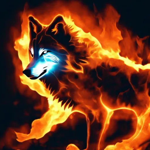 Prompt: a wolf made of  fire in the forest