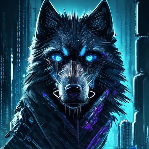 Prompt: High-quality digital artwork of a futuristic black wolf with blue highlights, detailed fur with metallic reflections, intense and focused gaze, sci-fi, cyberpunk, cool tones, futuristic, detailed eyes, sleek design, professional, atmospheric lighting