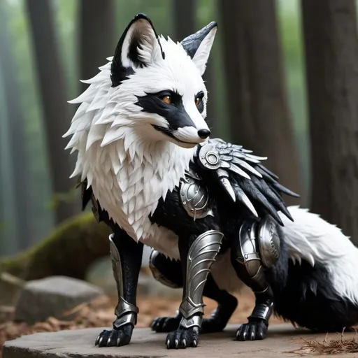 Prompt: black and white fox with iron armor died black the black and white fox has dragon wings hyper realistic good lighting make sure the fox has two dragon wings