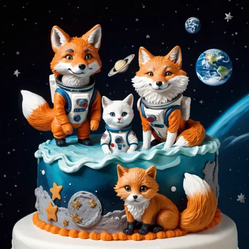 Prompt: a fox astronaut in the ocean, a wolf astronaut on cake, and a cat astronaut in space, detailed hyper realistic