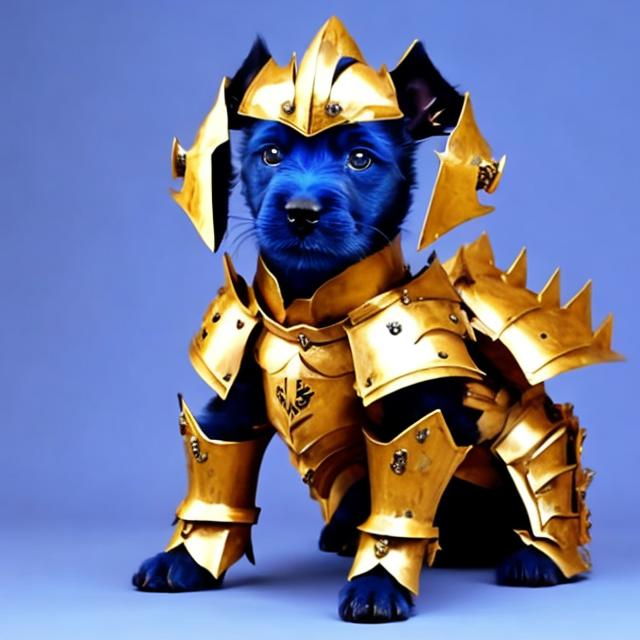 Prompt: blue warrior puppy in gold armor