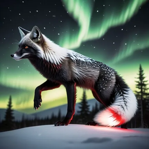 Prompt: black and white fox with black two wings with a accent of white and one black tail with red spikes the fox is flying in the sky with the northern lights in the sky too  hyper realistic good lighting