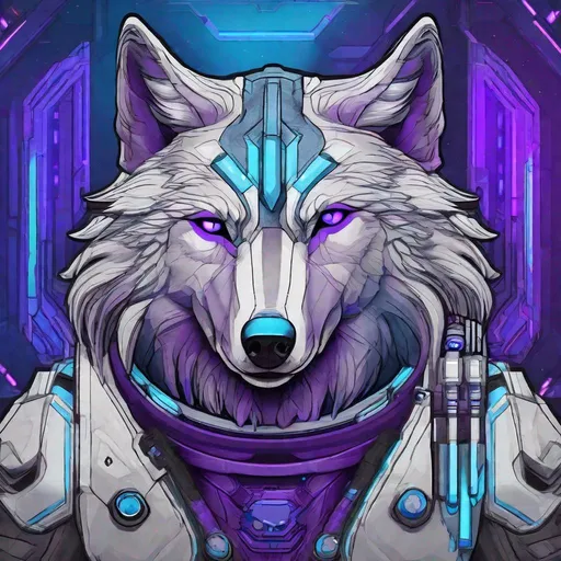 Prompt: sci fi old wolf with purple and blue accents