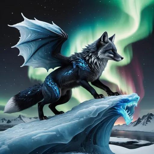 Prompt: black and blue fox riding a dark blue ice dragon with some fire and northern lights detailed hyper realistic the black and white fox and the dragon are in the sky
