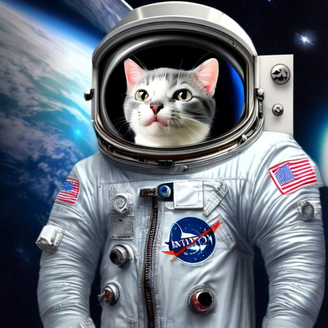 Prompt: a gray and white cat in a astronaut suit in space