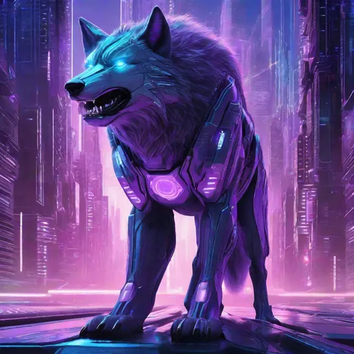 Prompt: Detailed, futuristic sci-fi illustration of a man-wolf, shades of purple and light blue, advanced technological surroundings, intense and piercing gaze, high-tech cybernetic enhancements, glowing futuristic cityscape, best quality, highres, ultra-detailed, sci-fi, futuristic, detailed fur, intense gaze, cybernetic enhancements, atmospheric lighting
