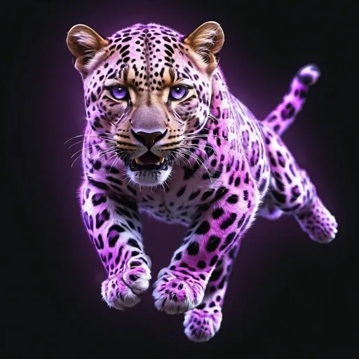 Prompt: a glowing light purple leopard flying detailed hyper realistic