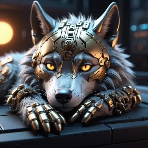 Prompt: Highly detailed wolf punk scene cub sleeping, hyper-realistic 4K rendering, volumetric lighting, HD quality, futuristic cityscape backdrop, mechanical feline with intricate joints and circuit patterns, cool-toned futuristic atmosphere, detailed fur with lifelike textures, cyberpunk aesthetic, ultra-detailed, volumetric lighting, professional rendering, HD, 4K gold eyes sleeping fluffy and sun set in the sky
