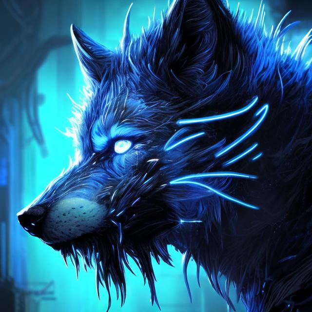 Prompt: Detailed sci-fi illustration of a dark blue wolf accents of light blue, futuristic setting, glowing neon lights, detailed fur with cool reflections, intense and focused gaze, high-tech cybernetic enhancements, best quality, highres, ultra-detailed, sci-fi, futuristic, detailed fur, intense gaze, cybernetic enhancements, cool tones, atmospheric lighting
