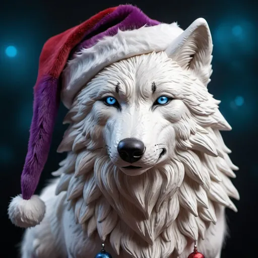 Prompt: Hyperrealistic white wolf , detailed purple chest, wearing red Santa hat, blue accents, best quality, hyperrealistic, detailed fur, detailed eyes, atmospheric lighting, cool tones, detailed Santa hat full person