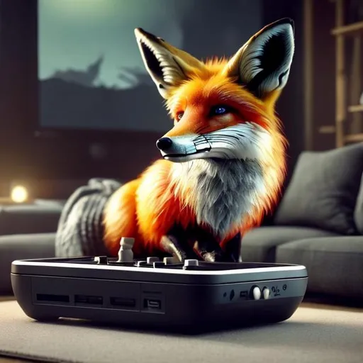 Prompt: Detailed digital rendering of a fox playing video games, high quality, realistic fur textures, vibrant and playful color palette, cozy living room setting, enthusiastic expression, modern video game console, ergonomic controller, warm and inviting lighting, 4k, ultra-detailed, realistic, playful, vibrant colors, cozy atmosphere, detailed fur, modern technology, enthusiastic expression, warm lighting