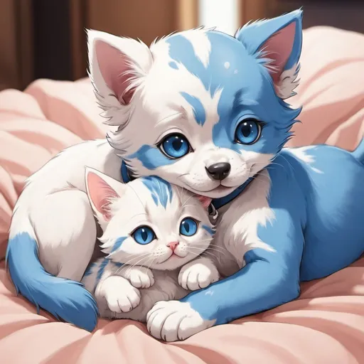 Prompt: a puppy and a kitten both blue with white they are snugging anime