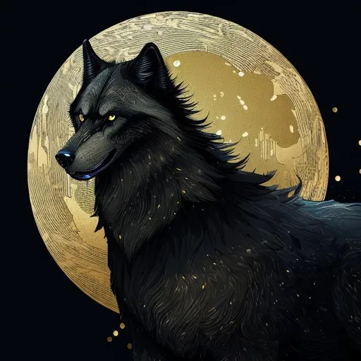Prompt: Detailed highres illustration of a majestic black wolf, cool gold accents, realistic fur details, intense and piercing gaze, mystical forest setting, moonlight casting a gold glow, best quality, detailed fur, cool tones, atmospheric lighting