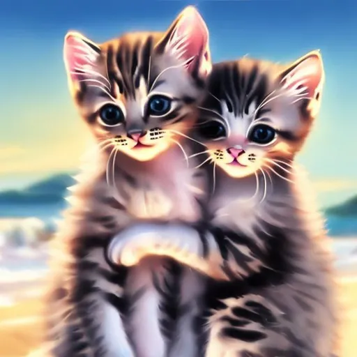 Prompt: two kittens hugging on the beach lots of detail