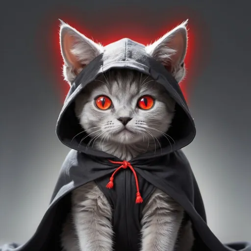 Prompt: silver cat with a black cloak black hood over its head its cat ears are pokeing out of the hood and you can see its glowing red eyes dragon wings on the gray cat older cat not baby and not old its a kid
