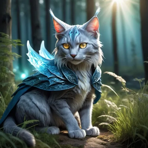 Prompt: bright sun shining, light blue cat in a grass patch in the forest detailed hyper realistic good lighting nice and sunny and shiny, magic theme. magic blue and red particles glowing eyes the cat is light blue with accents of gray.wild cat dragon waring a black cloak warrior siting in hyper realistic fantasy forest future seen with northern lights above the wild cat waring a cloak warrior the wild cat dragon has two dragon wings cute detailed
