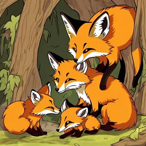 Prompt: a fox and its cubs in its den lots of detail anime