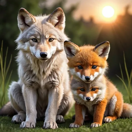 Prompt: (cute wolf cub) siting beside (cute sleepy fox cub) detailed hyper realistic sun set in background they are on the grass beautiful (cute) (cute) the wolf looks like a wolf the wolf looks like a wolf


                       CUTE!!!!!!!!!!