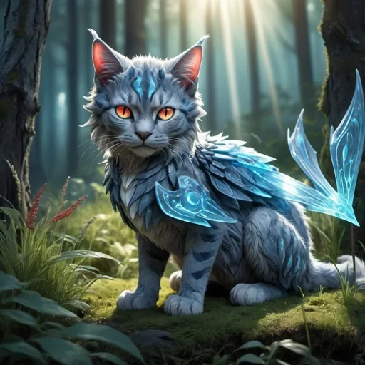 Prompt: bright sun shining, light blue cat in a grass patch in the forest detailed hyper realistic good lighting nice and sunny and shiny, magic theme. magic blue and red particles glowing eyes the cat is light blue with accents of gray.wild cat dragon waring a black cloak warrior siting in hyper realistic fantasy forest future seen with northern lights above the wild cat waring a cloak warrior the wild cat dragon has two dragon wings cute detailed
