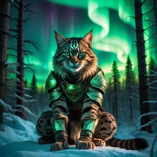 Prompt: wild cat warrior siting in hyper realistic fantasy forest future seen with northern lights above the wild cat warrior 