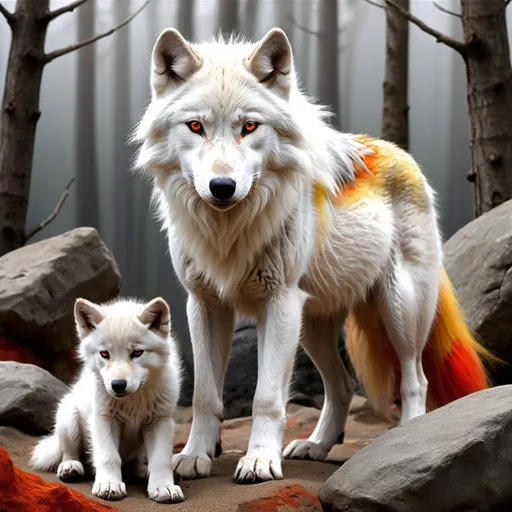 Prompt: white wolf with red orange and yellow mane and silver eyes the fluff at the end of the wolves tail is gold, with its two wolf cubs, one wolf cub is red and orange, the other is silver and yellow detailed the wolves are on a rock surrounded with rock and sand/the savanna, make sure the wolf and its two cubs have the color in the prompt