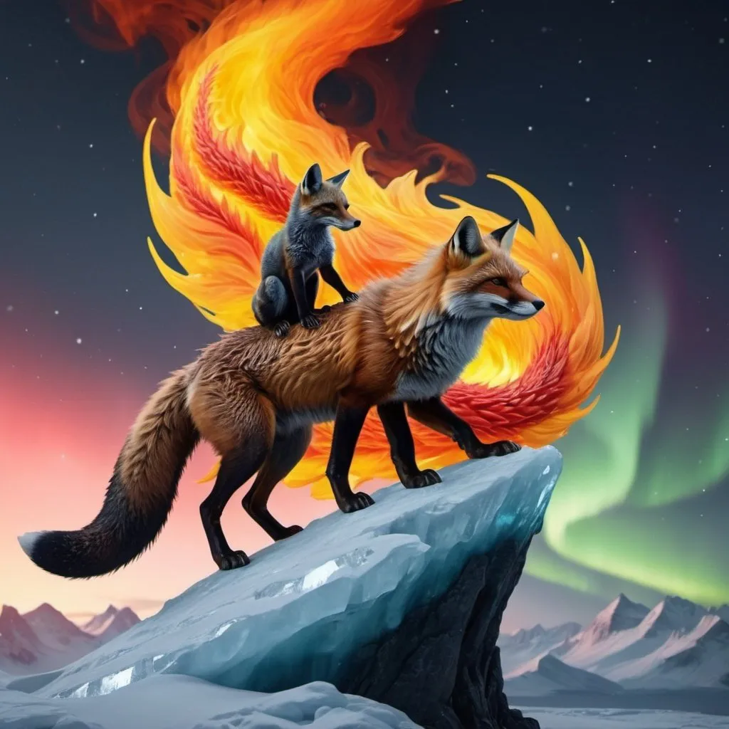 Prompt: black and red fox riding a orang and yellow fire dragon with some ice and northern lights detailed hyper realistic the black and red fox and the dragon are in the sky
