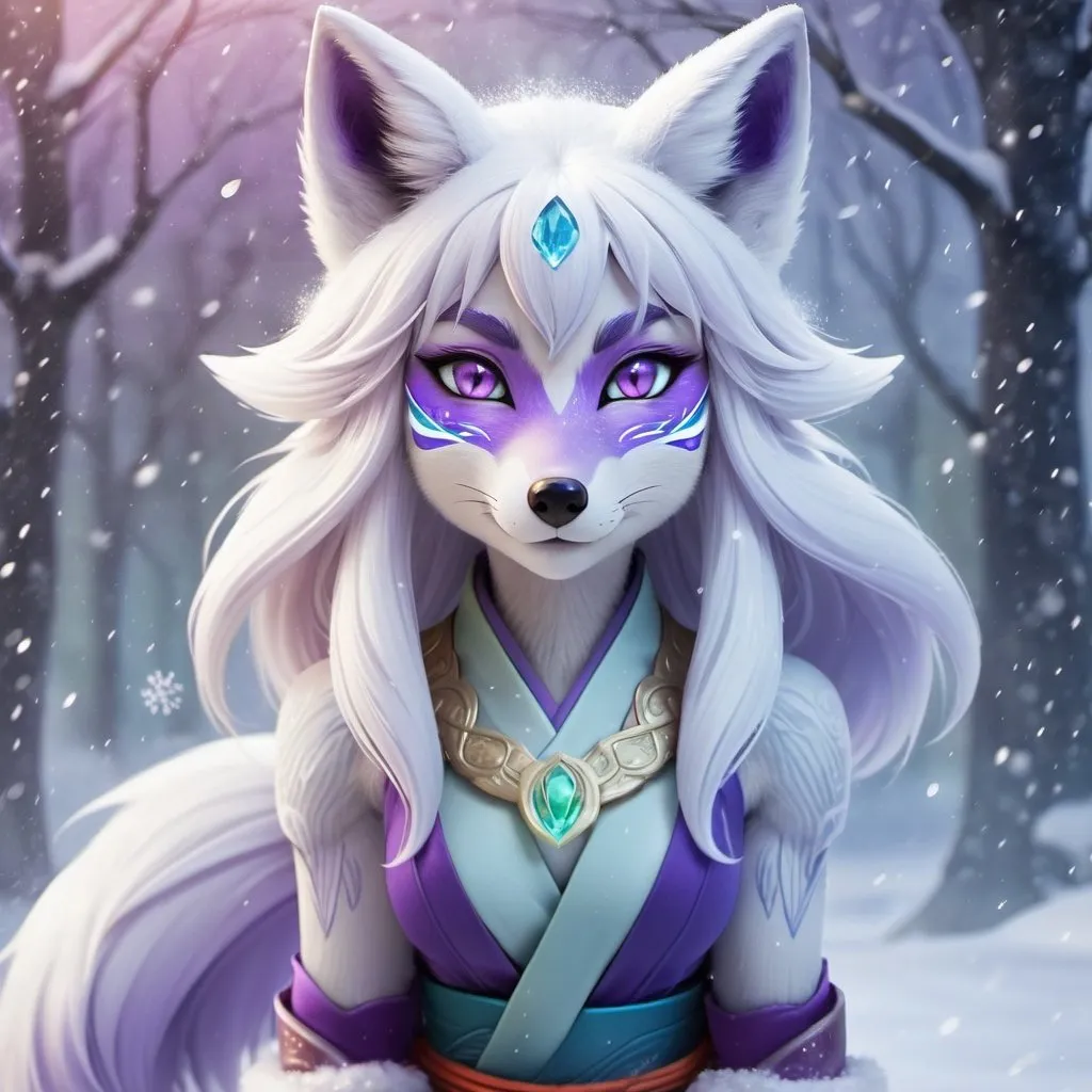 Prompt: ice elemental fox, samurai feral fox, kitsune, nine-tailed fox, snowy lilac fur, bright rainbow purple aurora eyes, periwinkle green ears, frost, falling snow, shattered ice, soft moonlight,stunning youthful vixen, gazing at viewer, gorgeous, muscular forelegs, athletic, agile, small but absurdly powerful, enchanting, timid
no backroad cut out the fox samurai! no orange